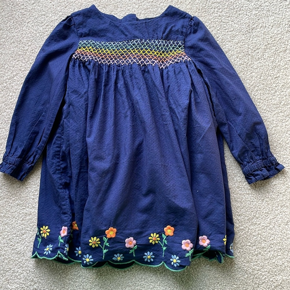 Mini Boden Navy with Rainbow Smock and Flower Detail. Size 3-4.